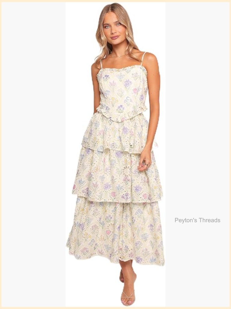 Midi Dress With Square Neckline, Adjustable Straps, Tiered Skirt